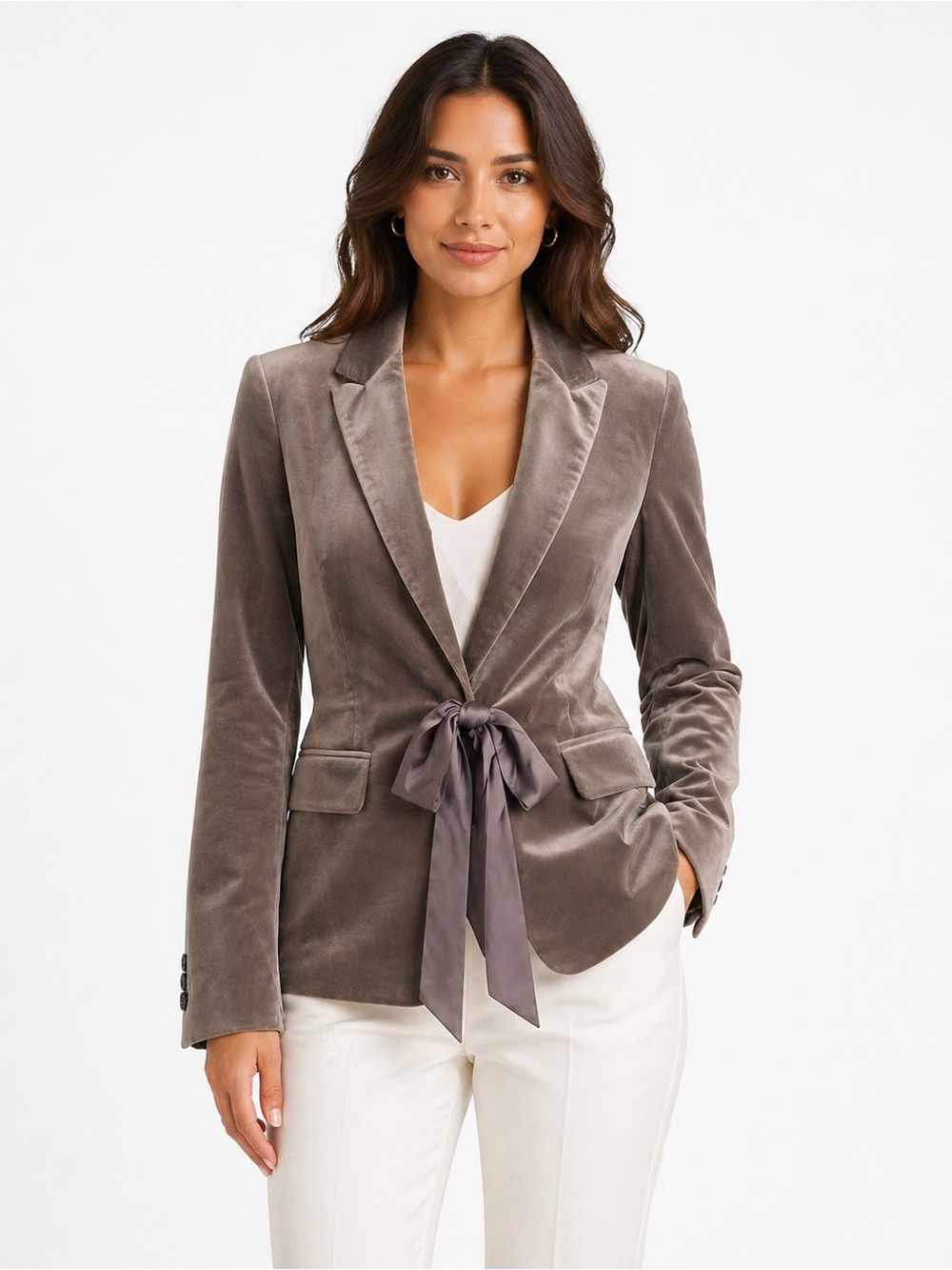 Ann Taylor Taupe/Purple Velvet Tie-Waist Blazer